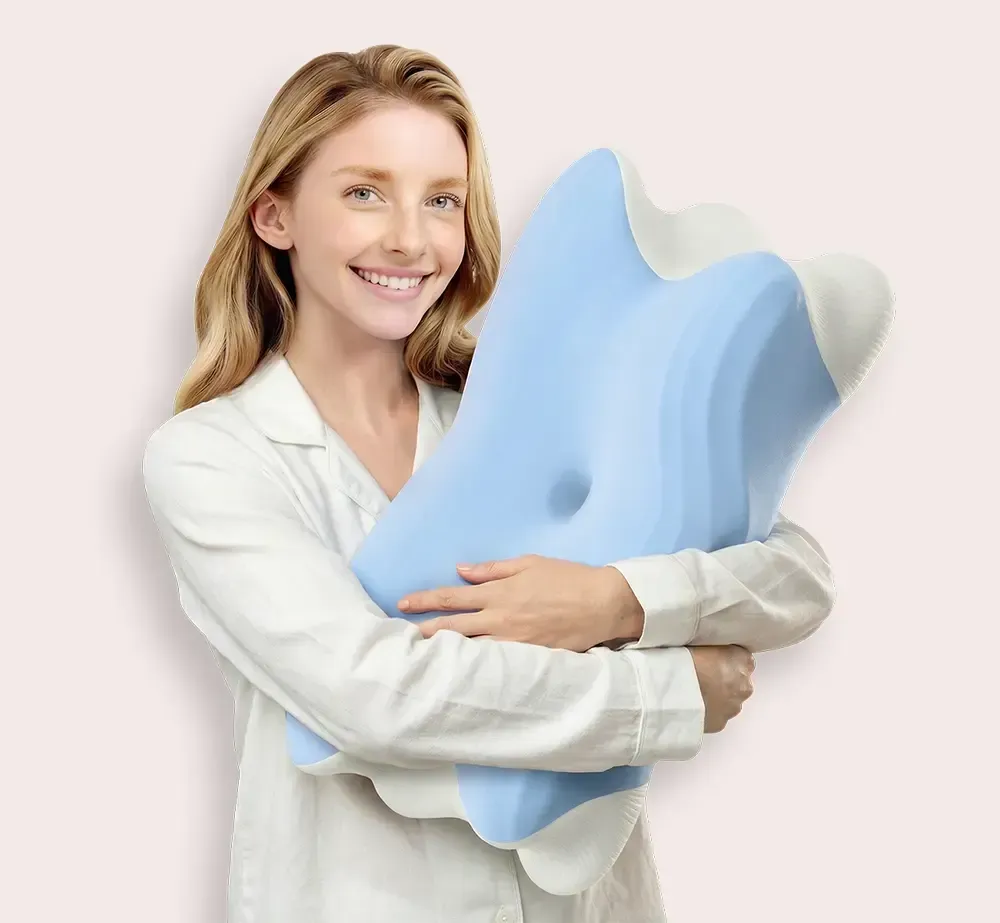 Happy customer hugging the Melara Max butterfly-shaped cervical pillow